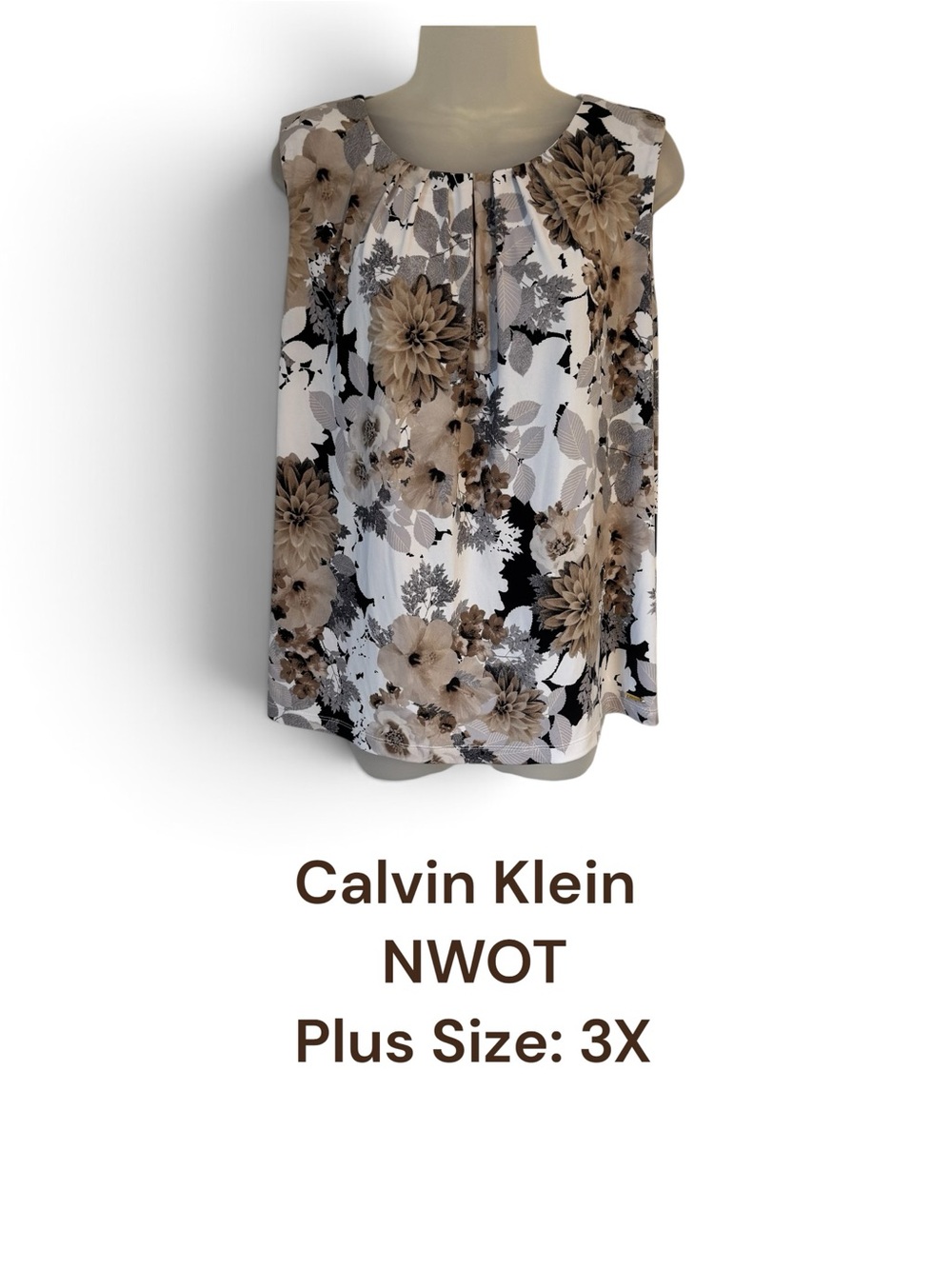 Calvin Klein White Floral Sleeveless Blouse with Tan and Black Accents